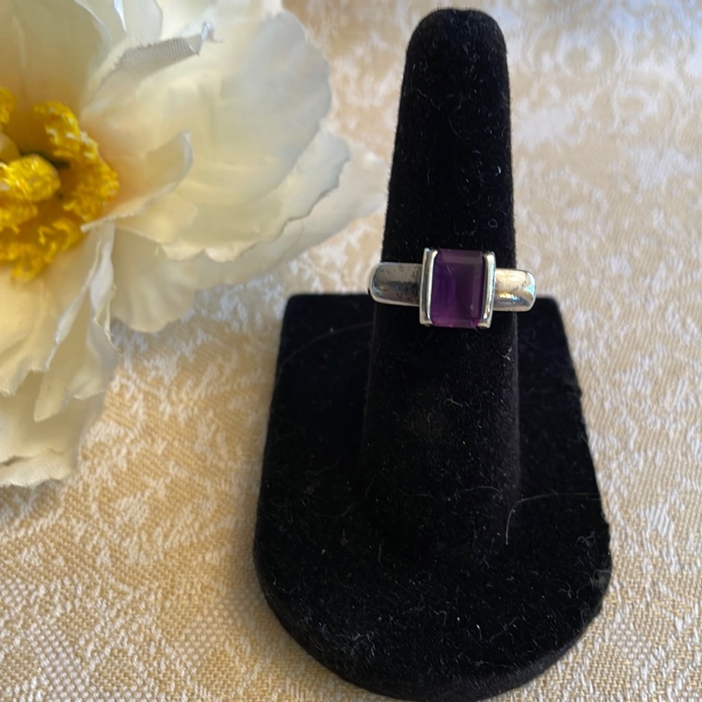 One-of-a-kind sterling silver with emerald cut amethyst size 6 1/2